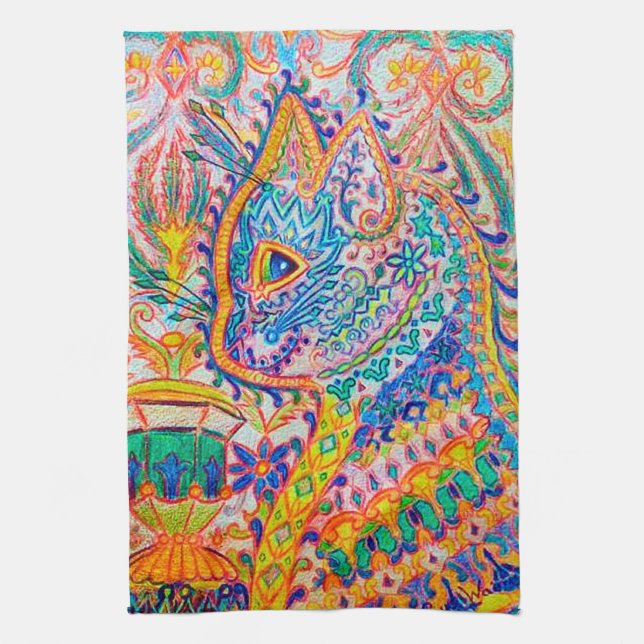 Psychedelische Katze, Louis Wain Geschirrtuch (Vertikal)