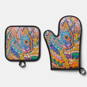 Psychedelische Katze, Louis Wain Ofenhandschuh & Topflappen-Set