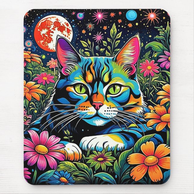Psychedelische Katze unter Blume Mousepad (Vorne)