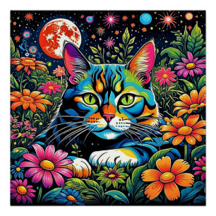 Psychedelische Katze unter Blume Poster
