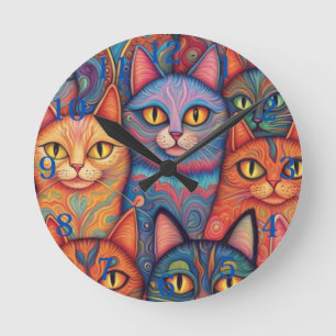 Psychedelische Katzen. Hippy, Bohemisch, BoHo Runde Wanduhr