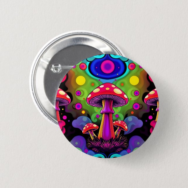 Psychedelische lebendige farbenfrohe Retro-Pilze Button (Vorne & Hinten)
