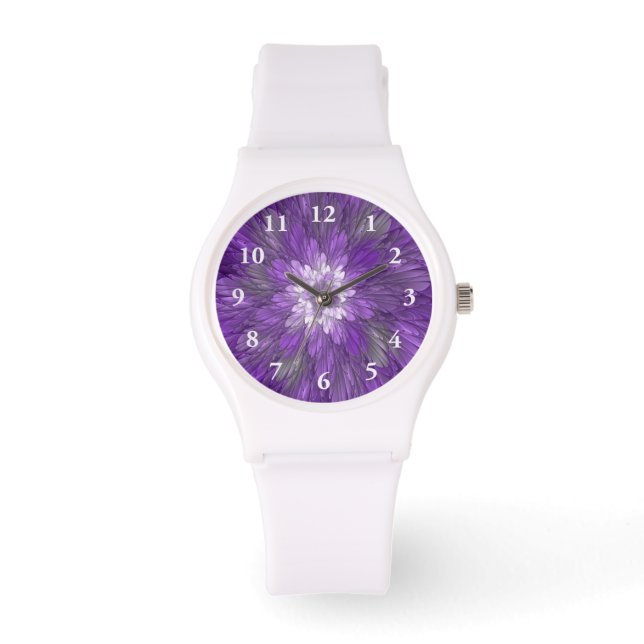 Psychedelische Lila Blume Abstraktes Fraktal Kunst Armbanduhr (Vorderseite)