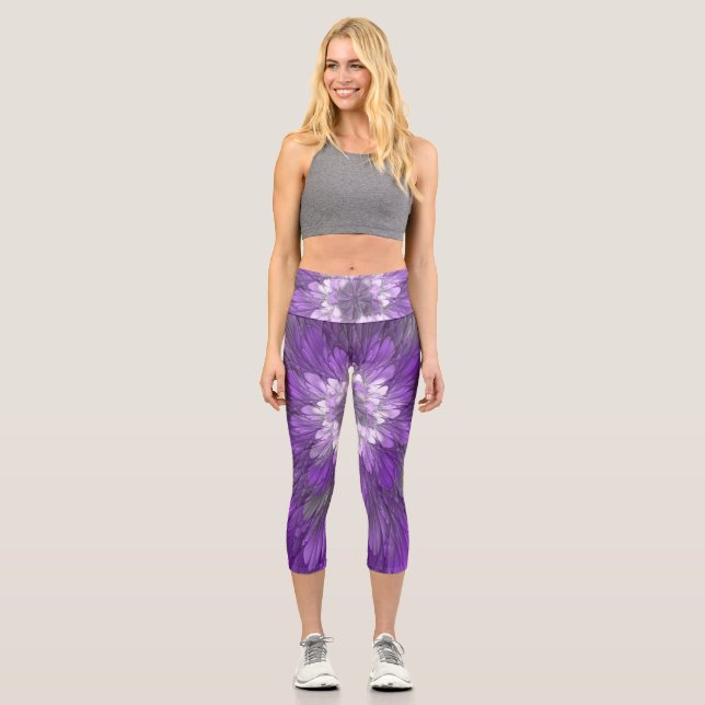 Psychedelische Lila Blume Abstraktes Fraktal Kunst Capri Leggings (Vorderseite)