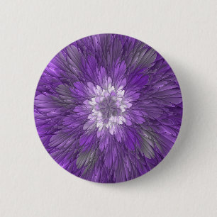 Psychedelische lila Blumen-Abstract-Fraktal-Kunst Button