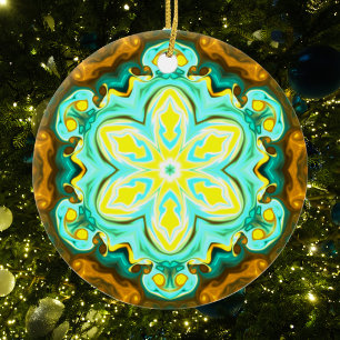 Psychedelische Mandala-Blume Aquamarin und gelb Keramik Ornament