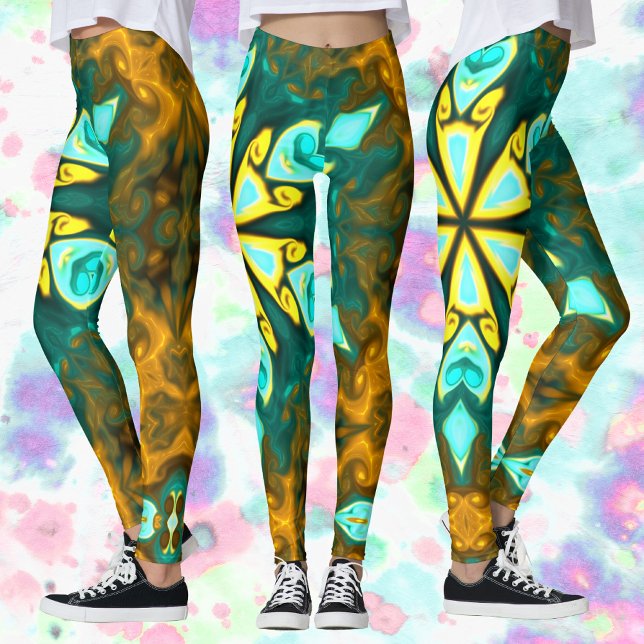 Psychedelische Mandala-Blume Aquamarin und gelb Leggings (Von Creator hochgeladen)