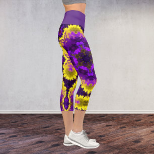 Psychedelische Mandala-Blume Gelb und Lila Capri Leggings