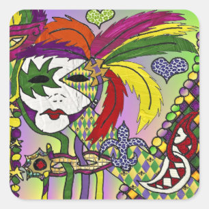 Psychedelische Mardi-Gras-Federmasken-Geschenke Be Quadratischer Aufkleber