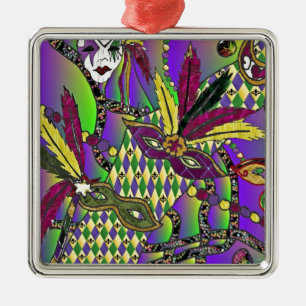 Psychedelische Mardi-Gras-Federmasken Silbernes Ornament