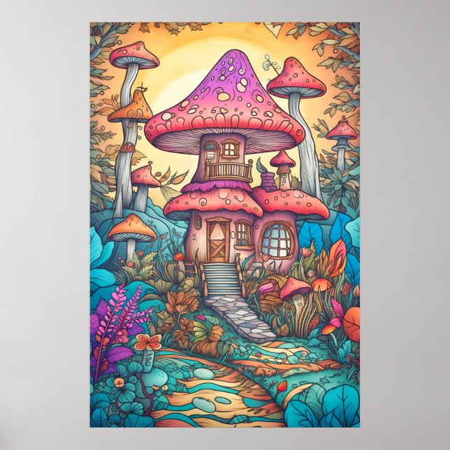 Psychedelische Pilzhütte tief im Wald Poster (Vorne)
