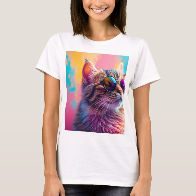 "Psychedelische Regenbogenkatze mit Sonnenbrille - T-Shirt (Vorderseite)