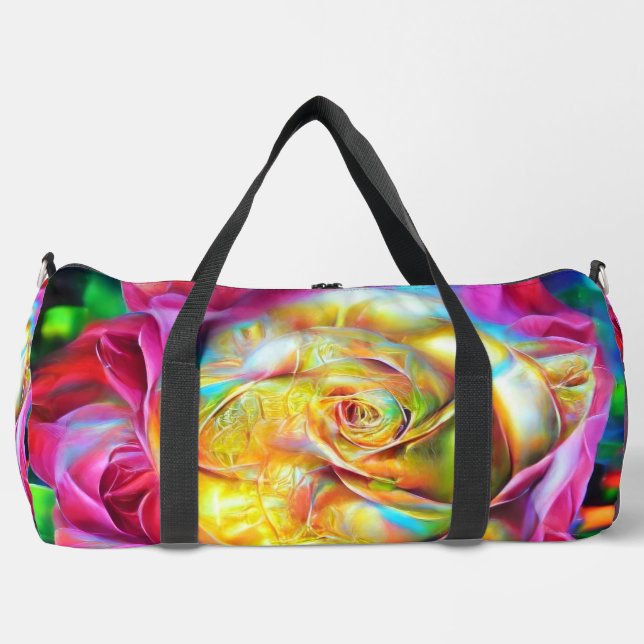Psychedelische RegenbogenRose Duffle Bag (Vorderseite)