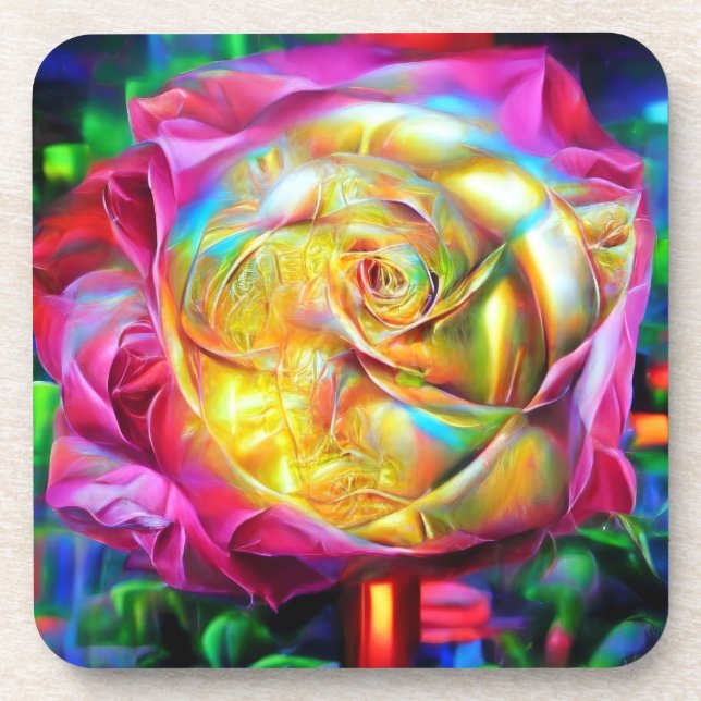 Psychedelische RegenbogenRose Getränkeuntersetzer (Vorderseite)