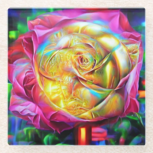 Psychedelische RegenbogenRose Glasuntersetzer (Vorderseite)