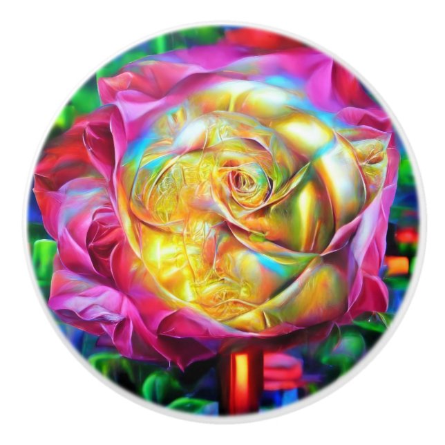 Psychedelische RegenbogenRose Keramikknauf (Vorderseite)