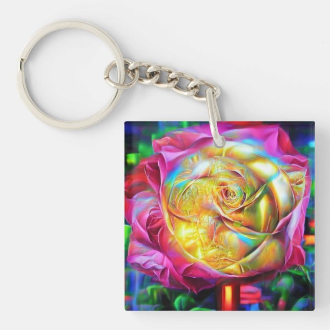 Psychedelische RegenbogenRose Schlüsselanhänger (Vorderseite)