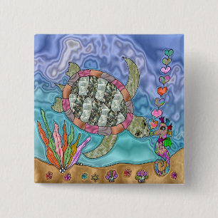 Psychedelische Seeschildkröte-Seepferd-Kunst Button