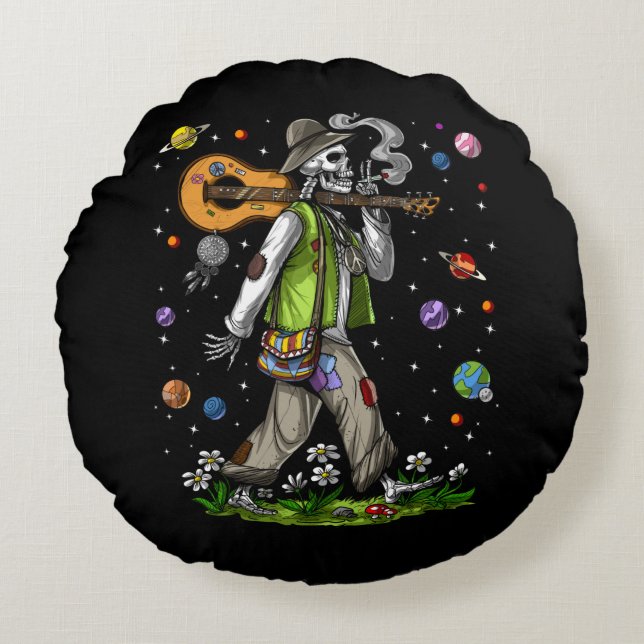Psychedelische Skeleton-Hippie Rundes Kissen (Vorderseite)