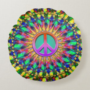 Psychedelische Sonnenschein-Groovy-Friedensenergie Rundes Kissen