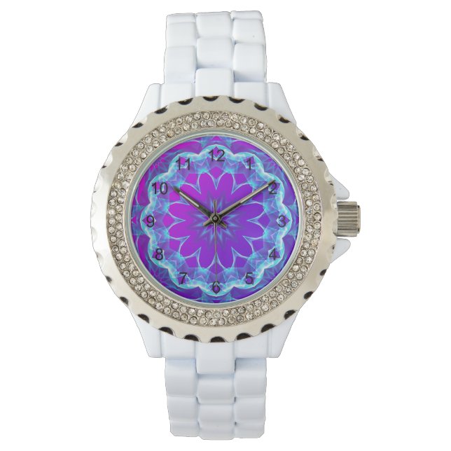 Psychedelische Sterne, Abstraktes Violett, Lila Gl Armbanduhr (Vorderseite)