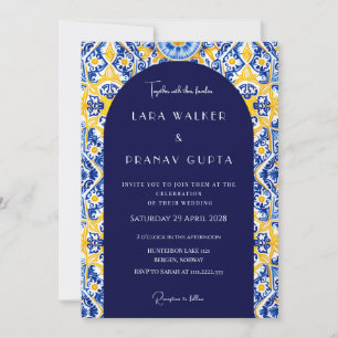 Psychedelische Stimmen: Groovy Blue Tile Wedding Einladung