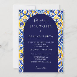 Psychedelische Stimmen: Groovy Blue Tile Wedding Einladung