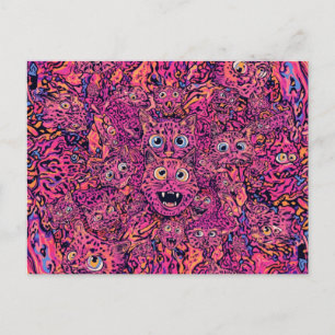 Psychedelische trippige Katze in leuchtendem Neon Postkarte