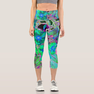 Psychedelische Trippy Lime Green and Blue Flowers Capri Leggings