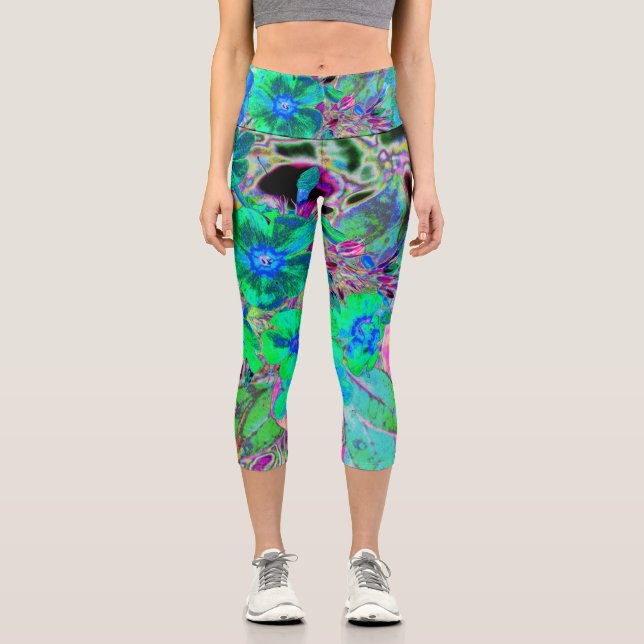 Psychedelische Trippy Lime Green and Blue Flowers Capri Leggings (Vorderseite)