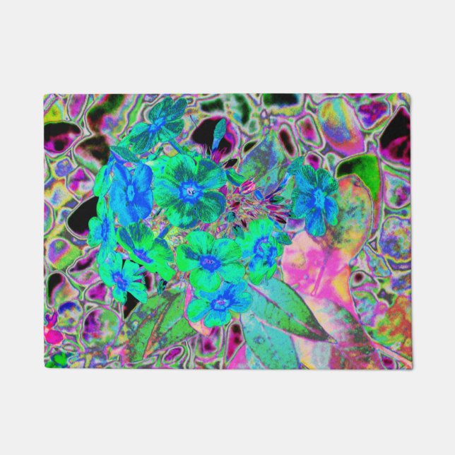 Psychedelische Trippy Lime Green and Blue Flowers Fußmatte (Vorderseite)