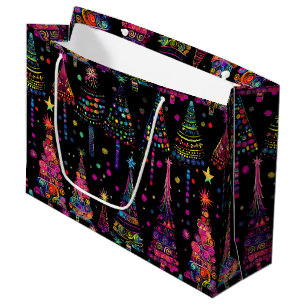 Psychedelische Weihnachtsbaumen auf schwarz Große Geschenktüte