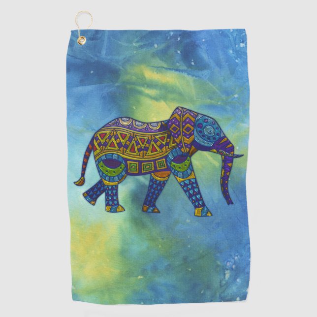 Psychedelischer Elefant im blau-grünen Weltraum Golfhandtuch (Vorderseite)