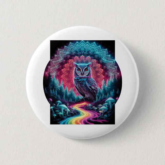 Psychedelischer Eulen-Mandala - Trippy-Waldkunst Button (Vorderseite)
