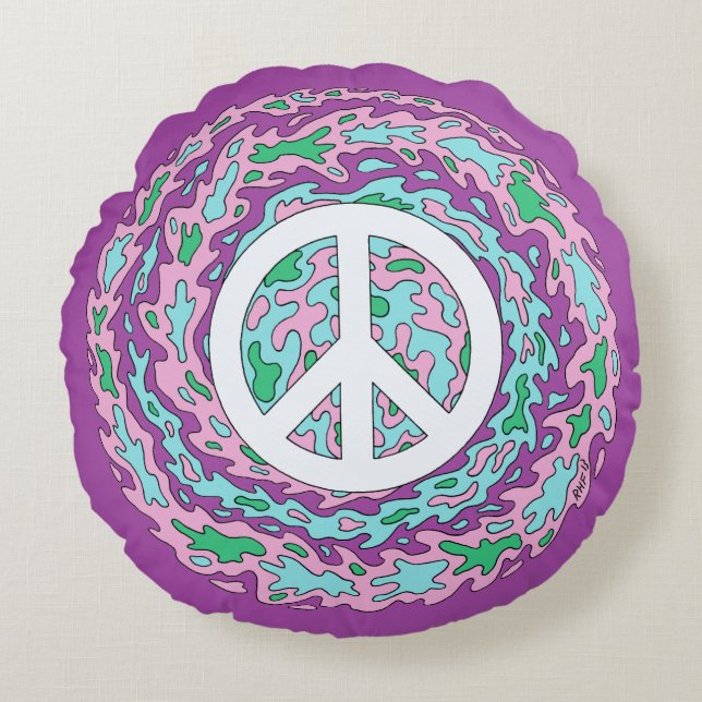 Psychedelischer Frieden Rundes Kissen (Vorderseite)