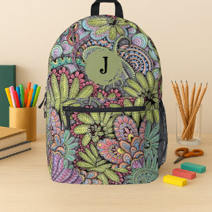 Psychedelischer Garten handGezeichnet florale Mono Bedruckter Rucksack