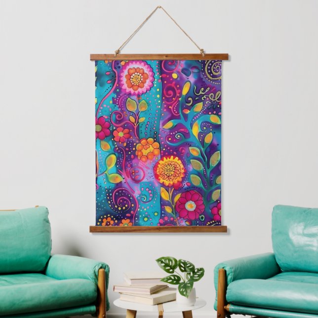 Psychedelischer Garten - Whimsy in Bloom Wandteppich Mit Holzrahmen (Wohnzimmer)