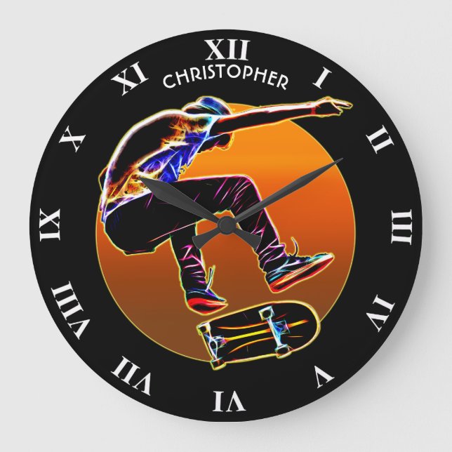 Psychedelischer glühender Skateboardfahrer mit Große Wanduhr (Vorderseite)