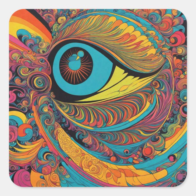 Psychedelischer Horror Vacui Art Pattern der 1960e Quadratischer Aufkleber (Vorderseite)
