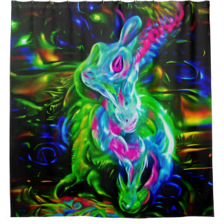 Psychedelischer Kaninchendrache in Neon Fantasy Duschvorhang
