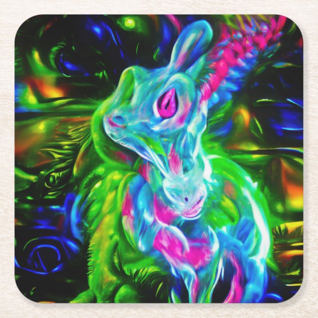 Psychedelischer Kaninchendrache in Neon Fantasy Rechteckiger Pappuntersetzer (Vorderseite)