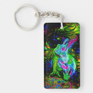 Psychedelischer Kaninchendrache in Neon Fantasy Schlüsselanhänger