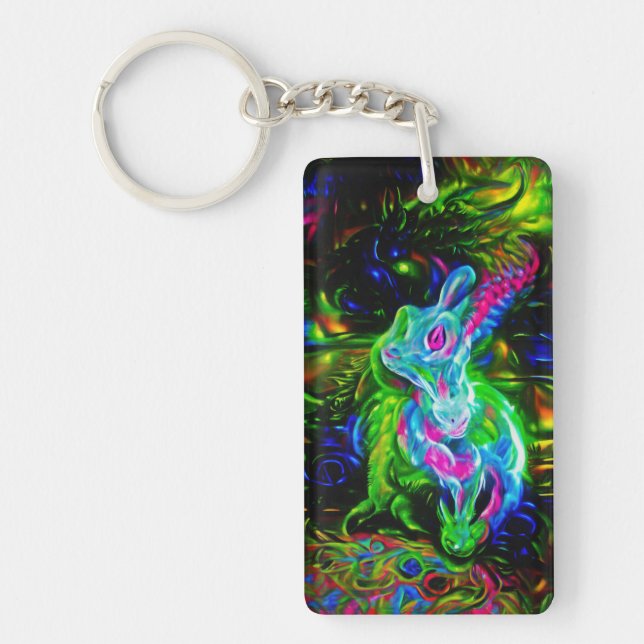 Psychedelischer Kaninchendrache in Neon Fantasy Schlüsselanhänger (Vorderseite)