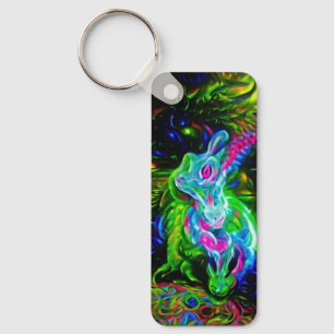 Psychedelischer Kaninchendrache in Neon Fantasy Schlüsselanhänger