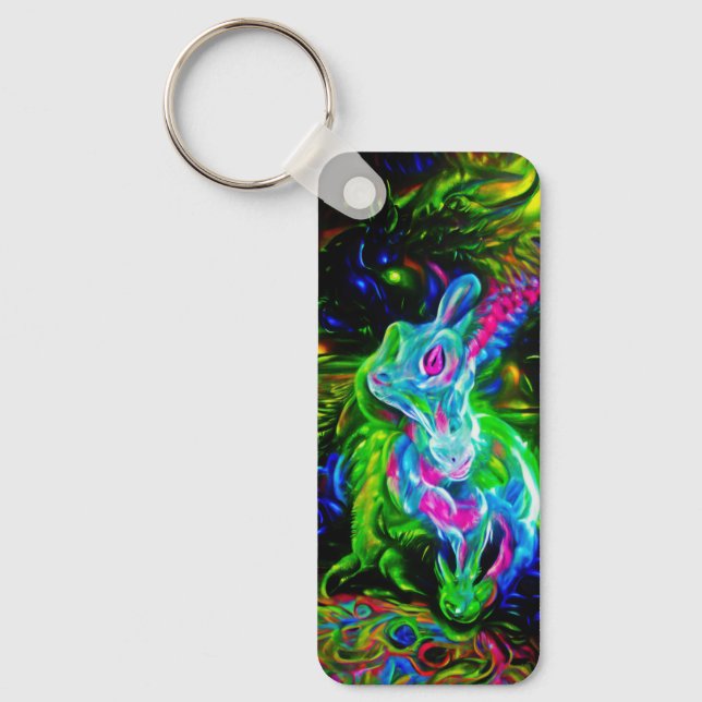 Psychedelischer Kaninchendrache in Neon Fantasy Schlüsselanhänger (Vorderseite)