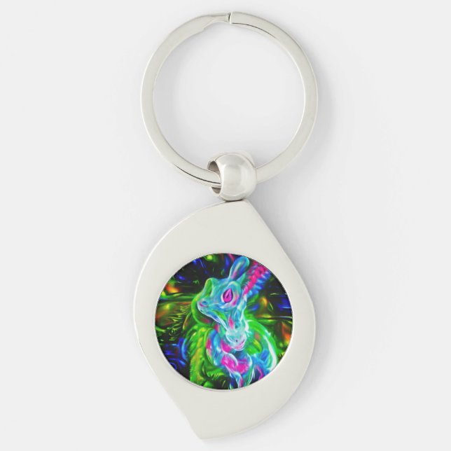 Psychedelischer Kaninchendrache in Neon Fantasy Schlüsselanhänger (Vorderseite)
