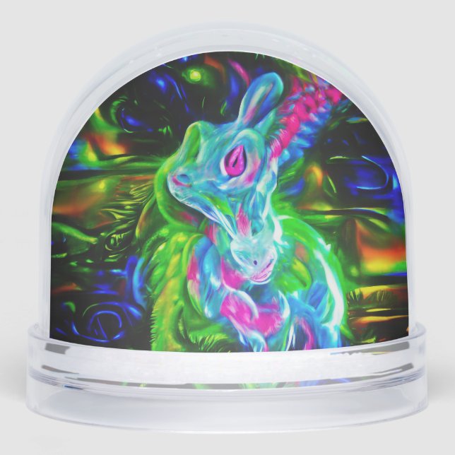 Psychedelischer Kaninchendrache in Neon Fantasy Schneekugeln (Vorderseite)