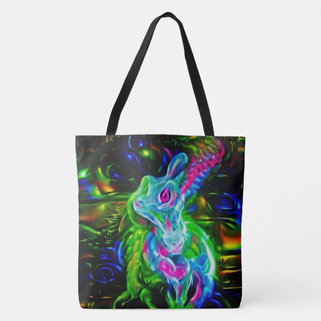 Psychedelischer Kaninchendrache in Neon Fantasy Tasche (Vorderseite)