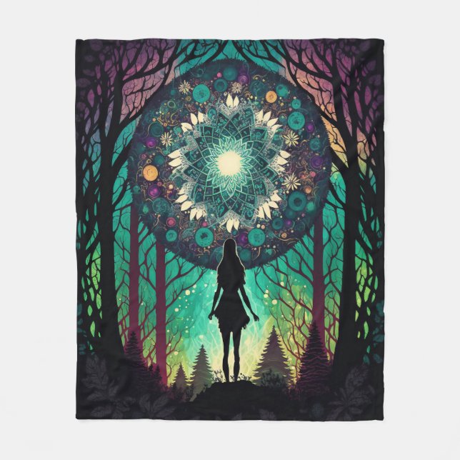 Psychedelischer Mandala-Wald-Decke | Boho-Kunst Fleecedecke (Vorderseite)