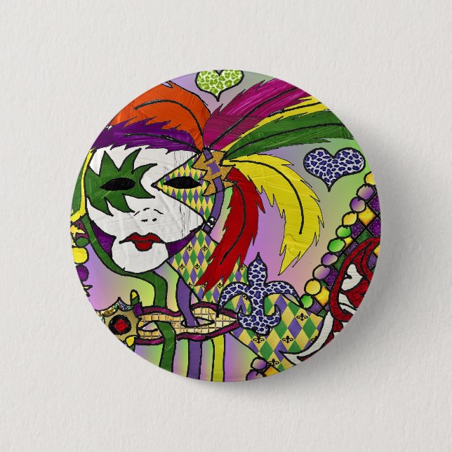 Psychedelischer Mardi Gras Feder Maske Button (Vorderseite)